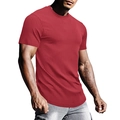 Close-up of red compression sports t-shirt with vertical texture and curved hemline - Burgundy