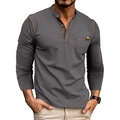 Detail of charcoal grey Henley shirt with orange contrast stitching and chest pocket - Dark Gray