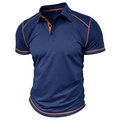 Detail view of navy blue polo shirt with orange contrast stitching and button collar - Royal Blue