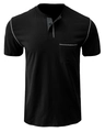 Men's black short sleeve Henley shirt with grey contrast stitching and chest pocket - Black