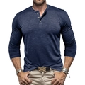 Slim fit navy blue long sleeve Henley shirt for men with three-button neckline detail - Sapphire Blue