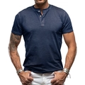 T-shirt Henley homme bleu marine à manches courtes avec trois boutons et texture flammée - Bleu royal