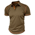 Detail of coffee brown short sleeve polo shirt with orange contrast stitching and button collar - Khaki