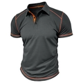 Detail of grey short sleeve polo shirt showing breathable mesh fabric and orange stitching - Dark Gray