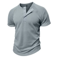 Men's grey waffle knit Henley shirt with short sleeves and three-button placket on white back - S / Blue