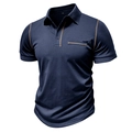 Detail of navy cotton polo shirt featuring brown contrast stitching on collar and pocket - S / Royal Blue