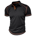 Close-up of bird-eye mesh fabric and orange contrast stitching on black polo shirt - Black