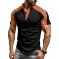 T-shirt Henley da uomo a maniche corte slim fit con design color block nero e arancione - Nero