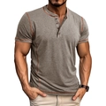 Men's grey Henley t-shirt with short sleeves and contrast orange stitching details - S / Khaki