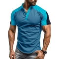 T-shirt henley slim da uomo con design patchwork blu scuro, azzurro e nero - Blu Denim