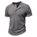 Close-up of grey waffle knit Henley shirt showing fabric texture and button neckline - S / Dark Gray