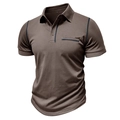 Close-up of brown polo shirt featuring contrast stitching and standard buttoned collar - S / Khaki