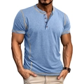 Detail of light blue Henley shirt with khaki contrast stitching and four-button placket - Light Blue