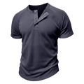 Close-up of waffle knit texture and three-button neckline on dark grey men's Henley shirt - S / Navy Blue