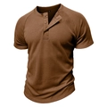 Detail view of waffle knit texture on men's tan Henley shirt with three buttons - S / Khaki