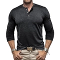 Macro shot of charcoal grey Henley shirt featuring slub cotton texture and three-button placket - Black