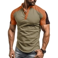 T-shirt Henley slim fit da uomo color kaki con maniche corte a contrasto arancio e marrone - Verde Cachi