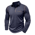 Detail of navy long-sleeve polo shirt featuring contrast brown stitching and chest pocket - Sapphire Blue