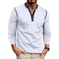 Detail of contrast Henley neckline with three wood-textured buttons on knitted long sleeve shirt - S / White