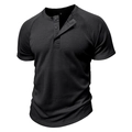 Close-up of black waffle knit texture and three-button neckline on men's Henley T-shirt - Black