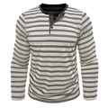 Dettaglio del colletto Henley a tre bottoni in legno e trama in maglia a righe - S / Bianco