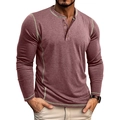 Detail view of men's Henley shirt with contrasting green stitching and four-button neckline - Burgundy