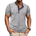 Men's grey space-dye Henley shirt with navy contrast trim and decorative stitching - S / White
