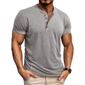 Detail of grey Henley shirt showing four-button placket and light brown contrast stitching - Light Gray