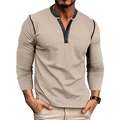 Detail view of khaki Henley shirt showing contrast gray collar and three-button placket - S / Khaki