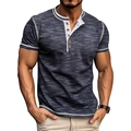 Men's dark grey short sleeve Henley t-shirt with contrast white stitching and wooden buttons - S / Royal Blue
