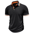 Detail of men's polo shirt featuring orange collar stripes and white buttons - Black