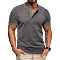 Detail of grey short sleeve Henley shirt with five-button placket and textured fabric - Dark Gray