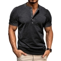 Detailed view of the 5-button placket and slub texture on the charcoal men's Henley shirt - Black