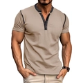Detail of short sleeve Henley shirt with contrast three-button placket and black stitching - Khaki