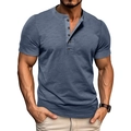 Detailed view of grey-blue muscle fit Henley shirt with five-button neckline and textured fabric - Denim Blue