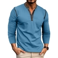 Detail shot of the blue and grey contrasting neckline with three buttons on the Henley shirt - S / Blue