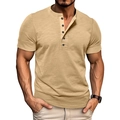 Detail of khaki slim fit Henley shirt showing slub cotton texture and buttoned placket - Khaki