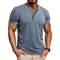 Detail of grey blue Henley shirt with orange contrast stitching and four-button placket - S / Blue