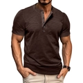 Detail of coffee brown muscle Henley shirt showing slub cotton texture and button neckline - Coffee