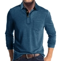 Polo à manches longues pour hommes bleu canard avec poche poitrine et col boutonné - Bleu