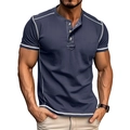 Men's dark grey blue short sleeve Henley shirt with white contrast stitching and buttons - Navy Blue