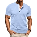 Detail of light blue Henley shirt neckline with textured fabric and dark buttons - Light Blue