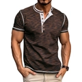 Detail of men's Henley shirt featuring orange heather fabric and wood buttons - S / Coffee