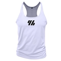 Detail view of men's gym tank top with breathable fabric and XL size label inside - White