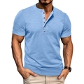 Detalle de camiseta Henley azul ajustada con textura flameada y cuello de cinco botones - S / Azul