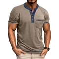 Detail of short sleeve Henley shirt with contrast collar, wood buttons, and chest pocket - Khaki