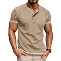Detail view of khaki Henley shirt featuring white contrast stitching and three-button neckline - S / Khaki