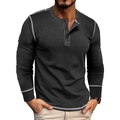 Detail view of contrast white stitching on dark grey men's long sleeve Henley shirt - Black