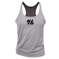 Detail view of light grey men's training vest featuring racerback design and black chest logo - Light Gray