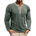 Camiseta Henley de manga larga para hombre verde militar con mangas raglán y bolsillo frontal - S / Verde